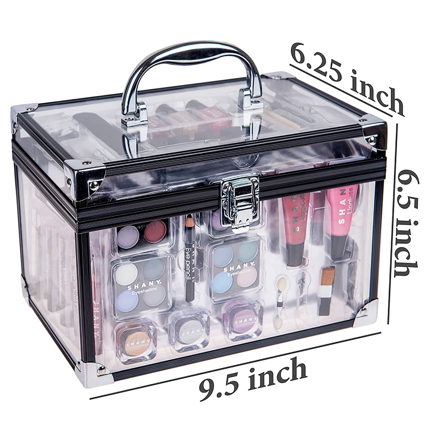 SHANY Carry All Trunk Makeup Train Case with Re-Usable Aluminum Beauty Storage Organizer Case. Make up Set with Eye Palettes, Blushes,Face Powders, Manicure, Pedicure and Cosmetics Brushes. GIFT SET
