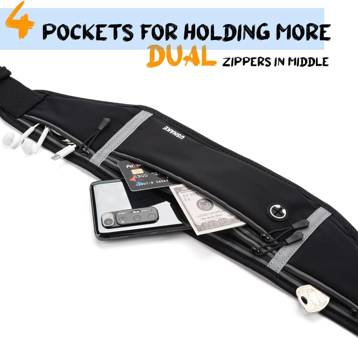 USHAKE Slim Running Belt, Workout Fanny Pack for Men Women,Exercise Waist Pack for Apple Iphone Holder, Runner Belt for Running Walking Cycling Camping Gym