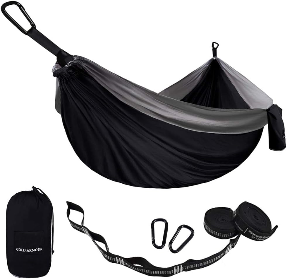 Gold Armour Camping Hammock - Portable Hammock Single Hammock Camping Accessories Gear for Outdoor Indoor Adult Kids, USA Based Brand (Black)
