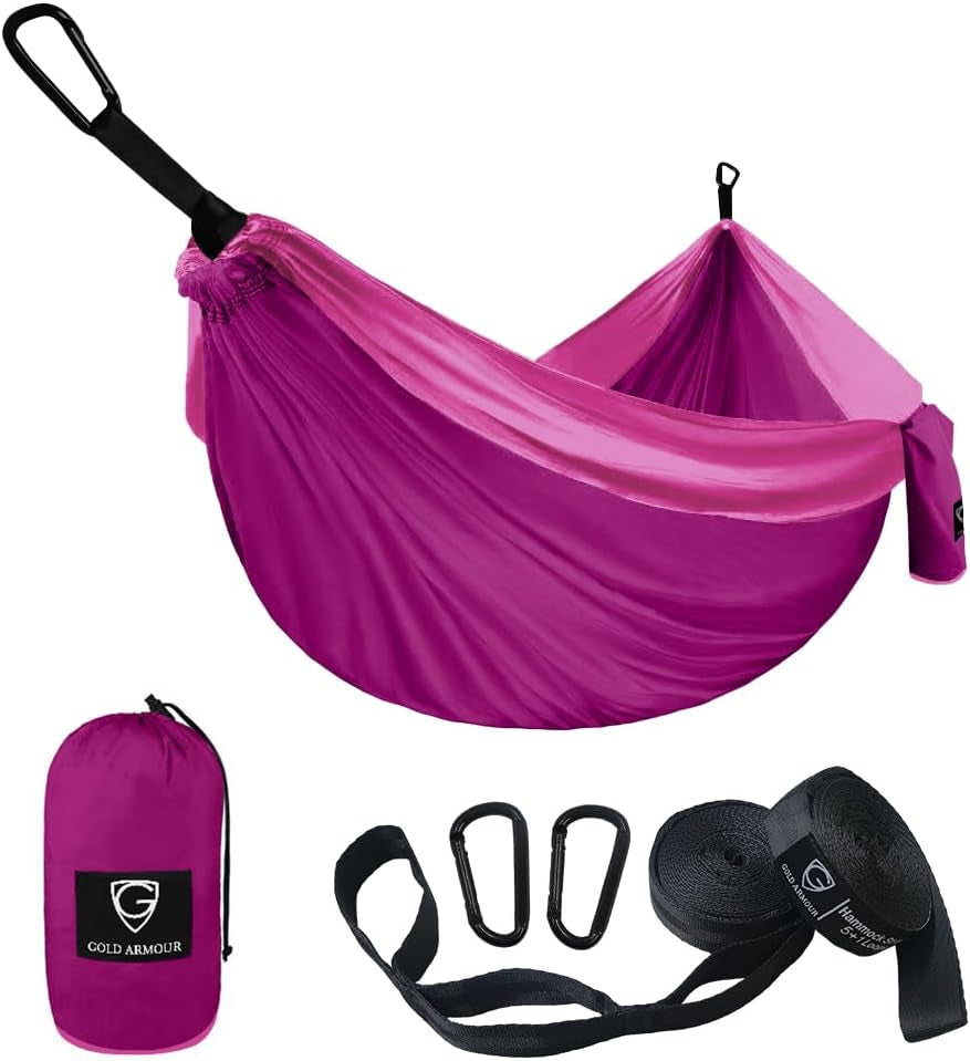 Gold Armour Camping Hammock - Portable Hammock Single Hammock Camping Accessories Gear for Outdoor Indoor Adult Kids, USA Based Brand (Black)