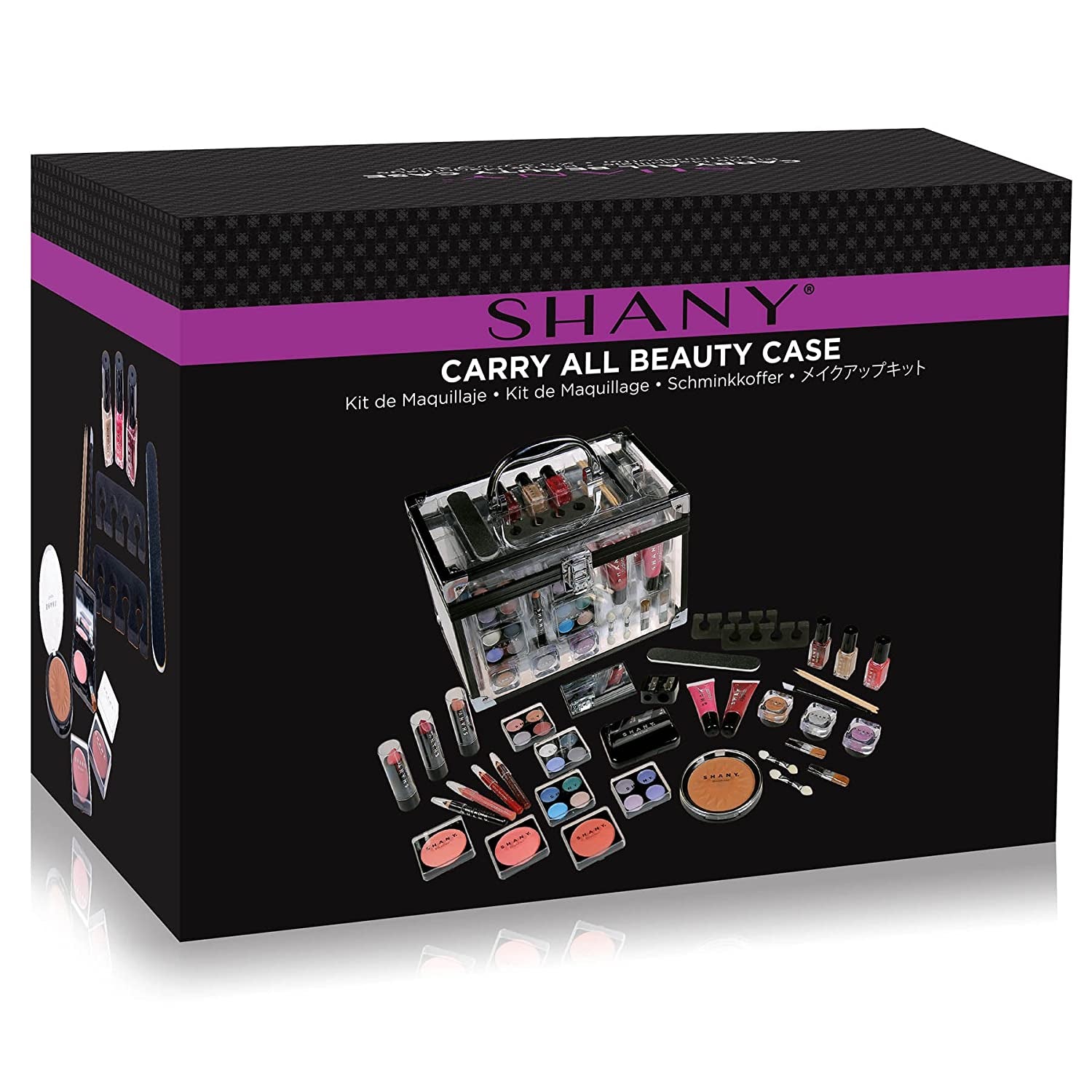 SHANY Carry All Trunk Makeup Train Case with Re-Usable Aluminum Beauty Storage Organizer Case. Make up Set with Eye Palettes, Blushes,Face Powders, Manicure, Pedicure and Cosmetics Brushes. GIFT SET