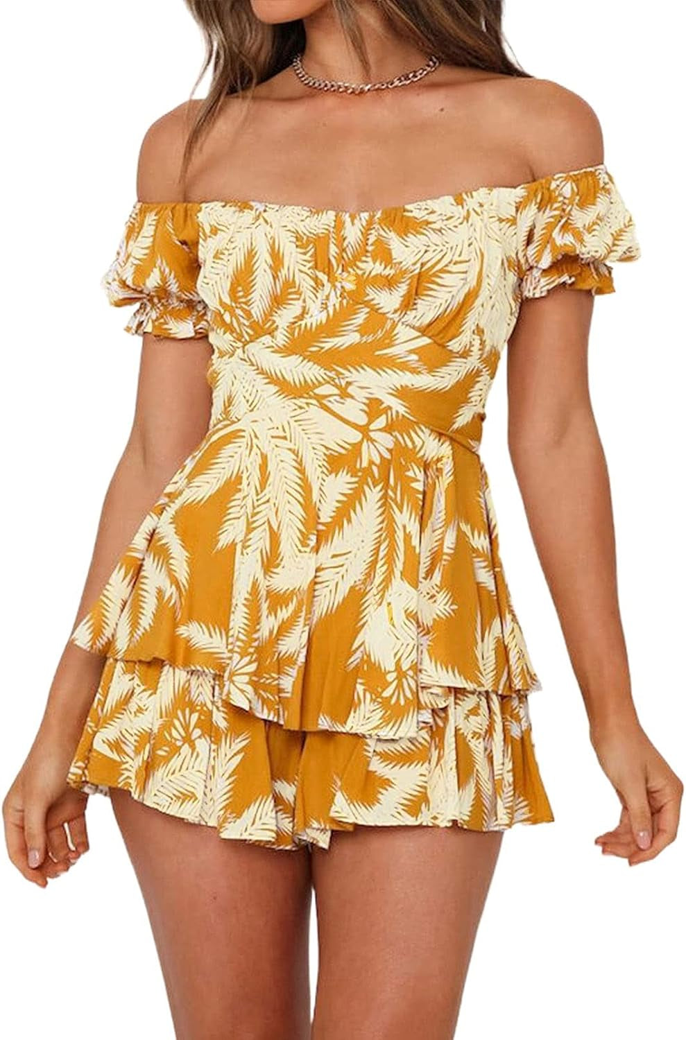 Fixmatti Women Boho Romper off Shoulder Ruffle Chiffon Shorts Jumpsuit Playsuits