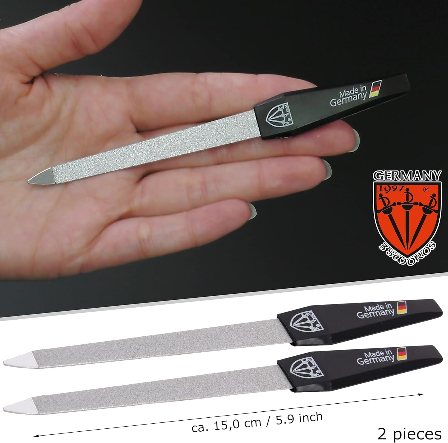 3 Swords Germany - Sapphire Metal Nail File Set 2 Pieces with 1 Piece 3-Way Nail Buffer – Nail Care Made in Solingen/Germany