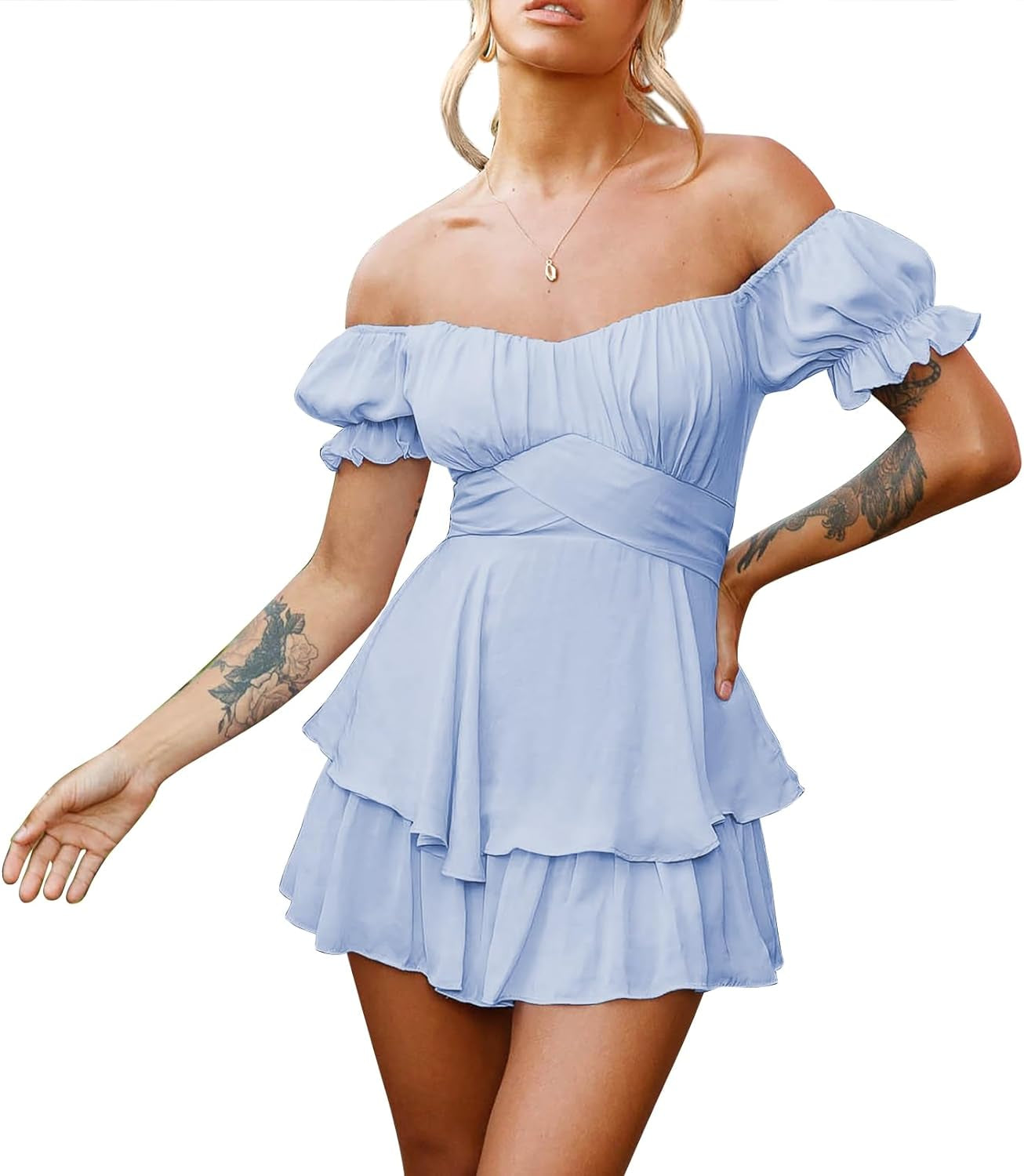 Fixmatti Women Boho Romper off Shoulder Ruffle Chiffon Shorts Jumpsuit Playsuits