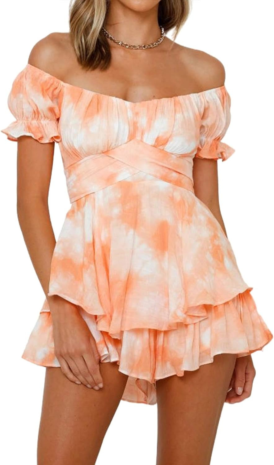Fixmatti Women Boho Romper off Shoulder Ruffle Chiffon Shorts Jumpsuit Playsuits