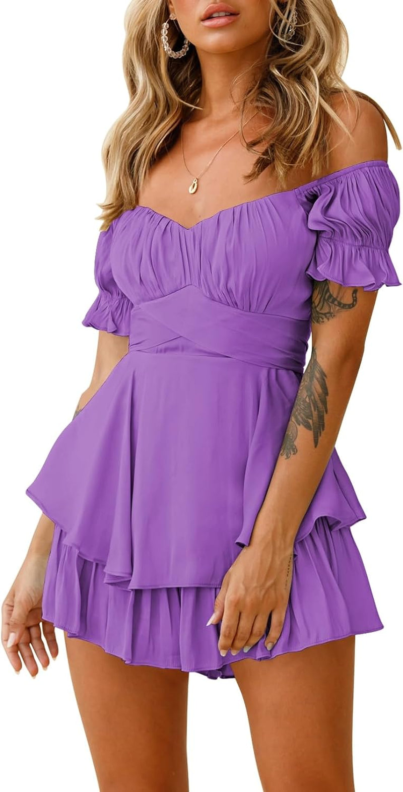 Fixmatti Women Boho Romper off Shoulder Ruffle Chiffon Shorts Jumpsuit Playsuits