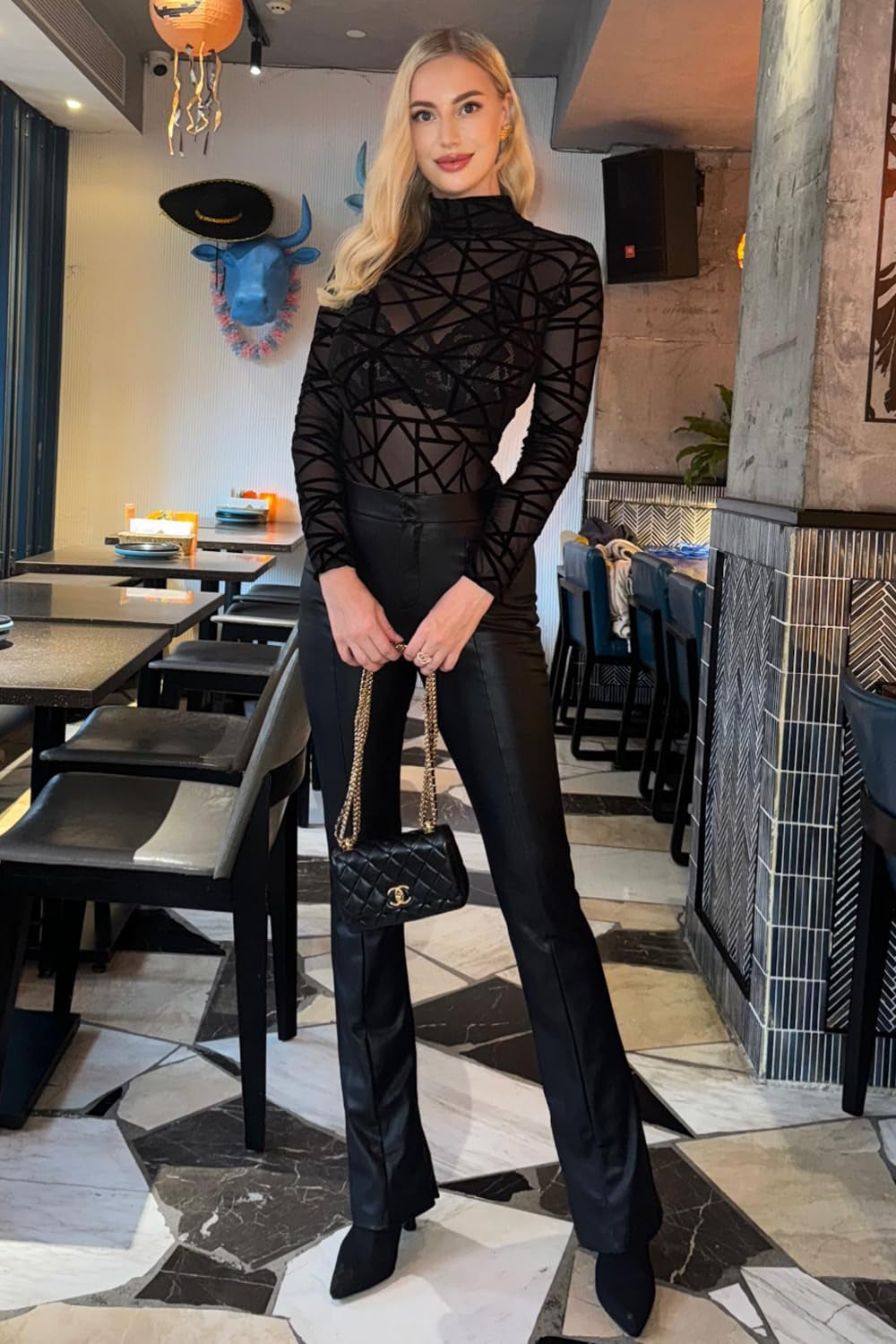 Aranmei Long Sleeve Bodysuit for Women Mesh Bodysuit Turtleneck Sheer Tops Geo Print Leotards S-XXL