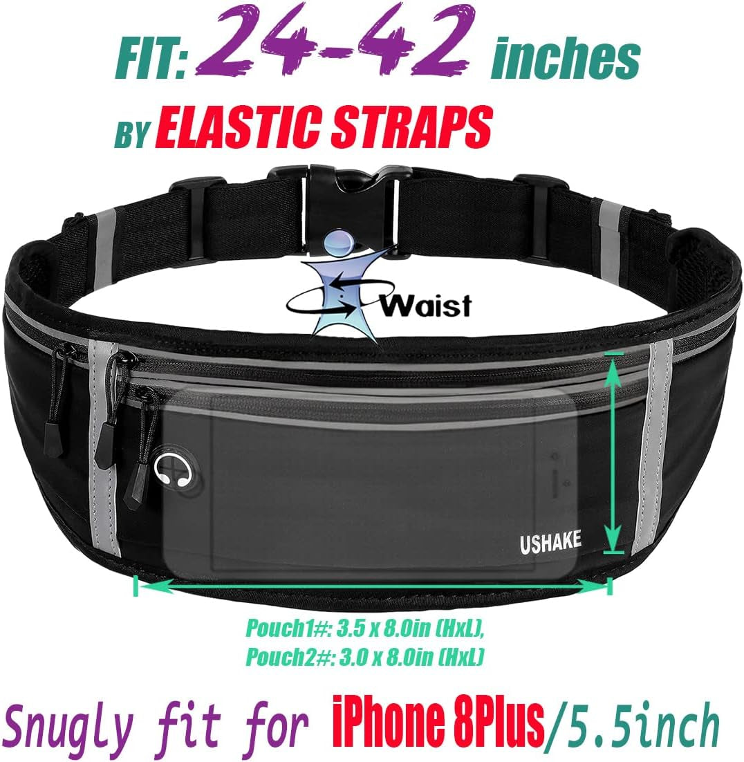 USHAKE Slim Running Belt, Workout Fanny Pack for Men Women,Exercise Waist Pack for Apple Iphone Holder, Runner Belt for Running Walking Cycling Camping Gym