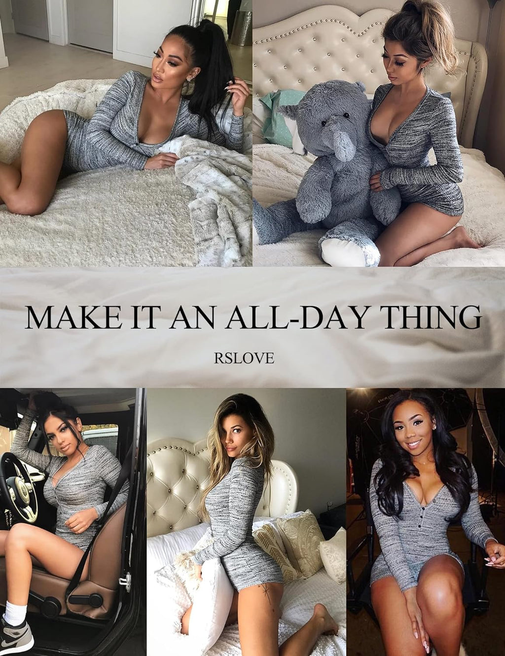 RSLOVE Women'S Knitted Bodysuit Bodycon Rompers Sexy Deep V Neck Long Sleeve Knitted Pajama