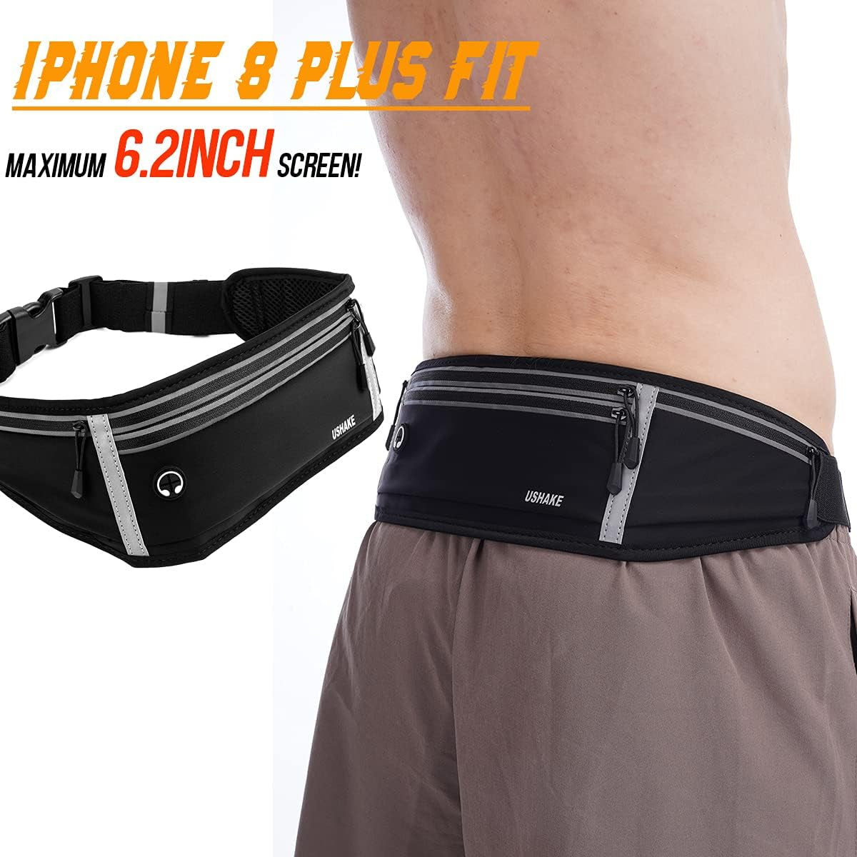 USHAKE Slim Running Belt, Workout Fanny Pack for Men Women,Exercise Waist Pack for Apple Iphone Holder, Runner Belt for Running Walking Cycling Camping Gym