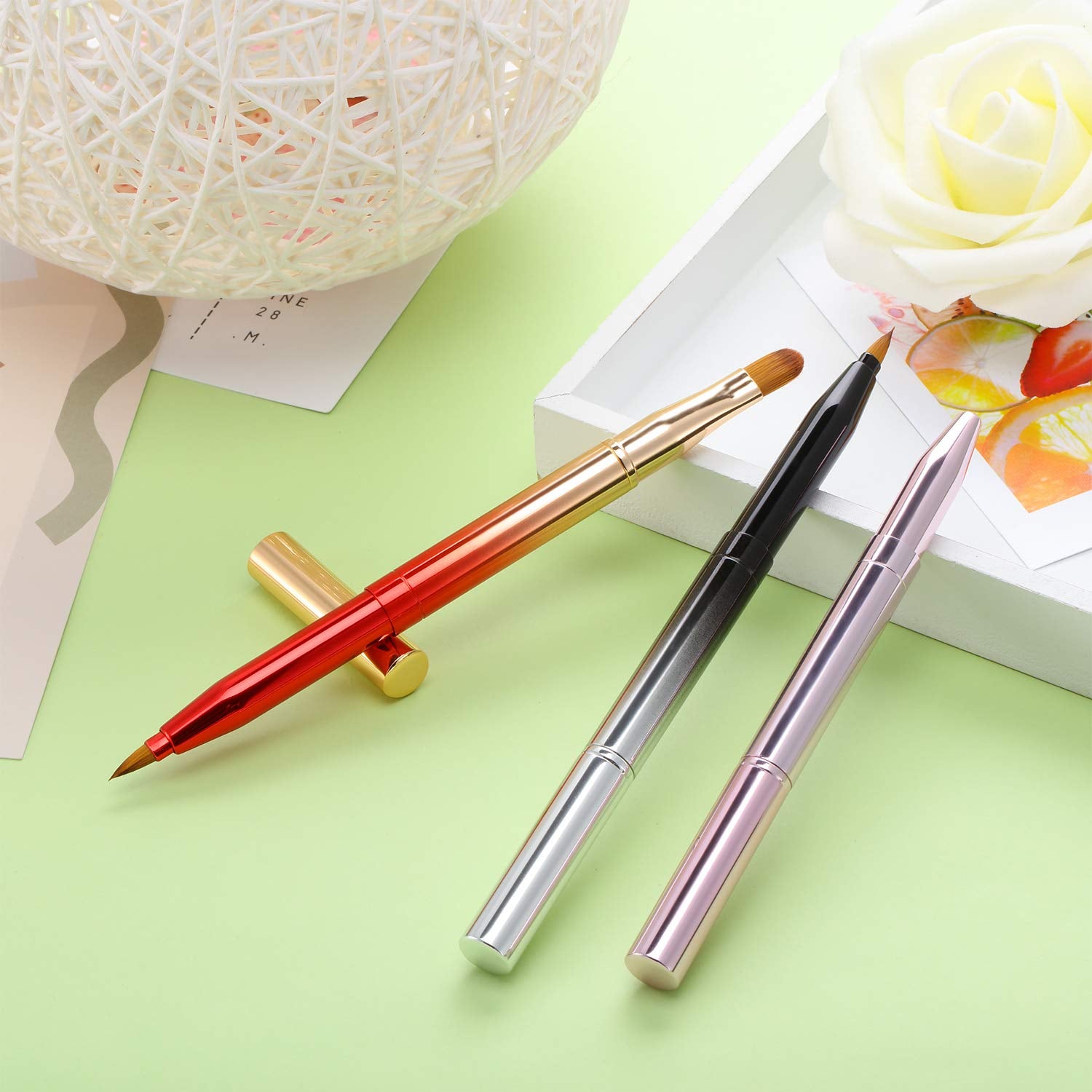 TOODOO 3 Pack Retractable Lip Brush for Lipstick with Cap Dual-Ended Liner Foundation Makeup Brush Sets Travel Applicators(Gradient Black, Gradient Red, Bright Pink)