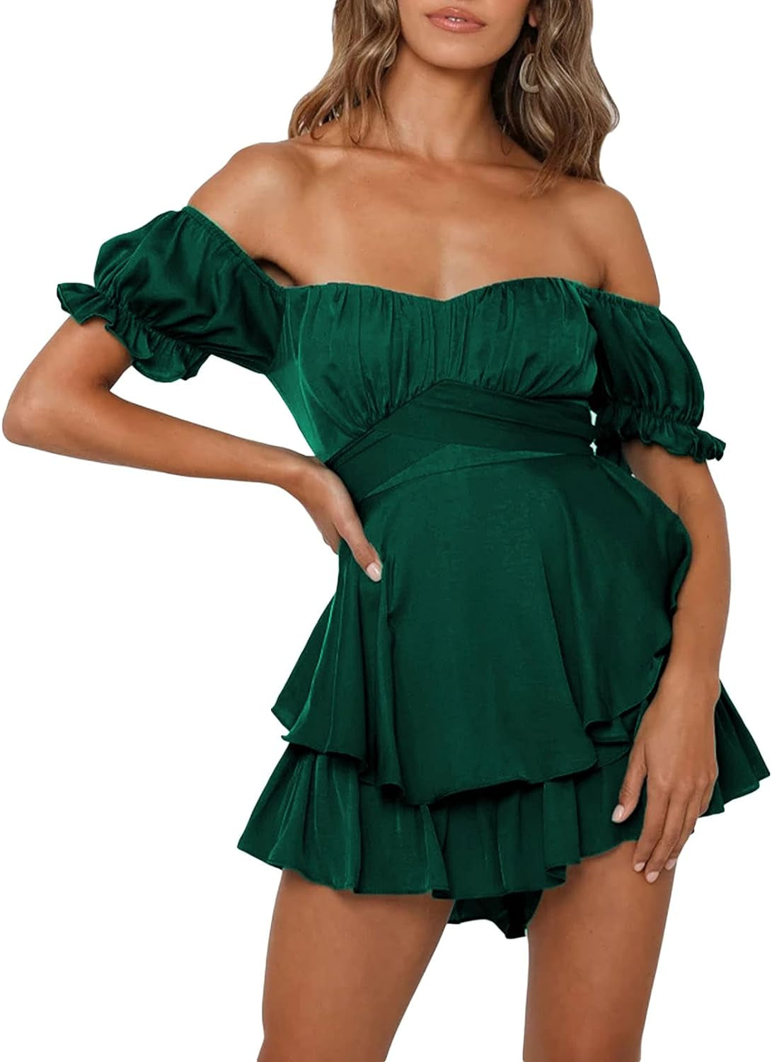 Fixmatti Women Boho Romper off Shoulder Ruffle Chiffon Shorts Jumpsuit Playsuits