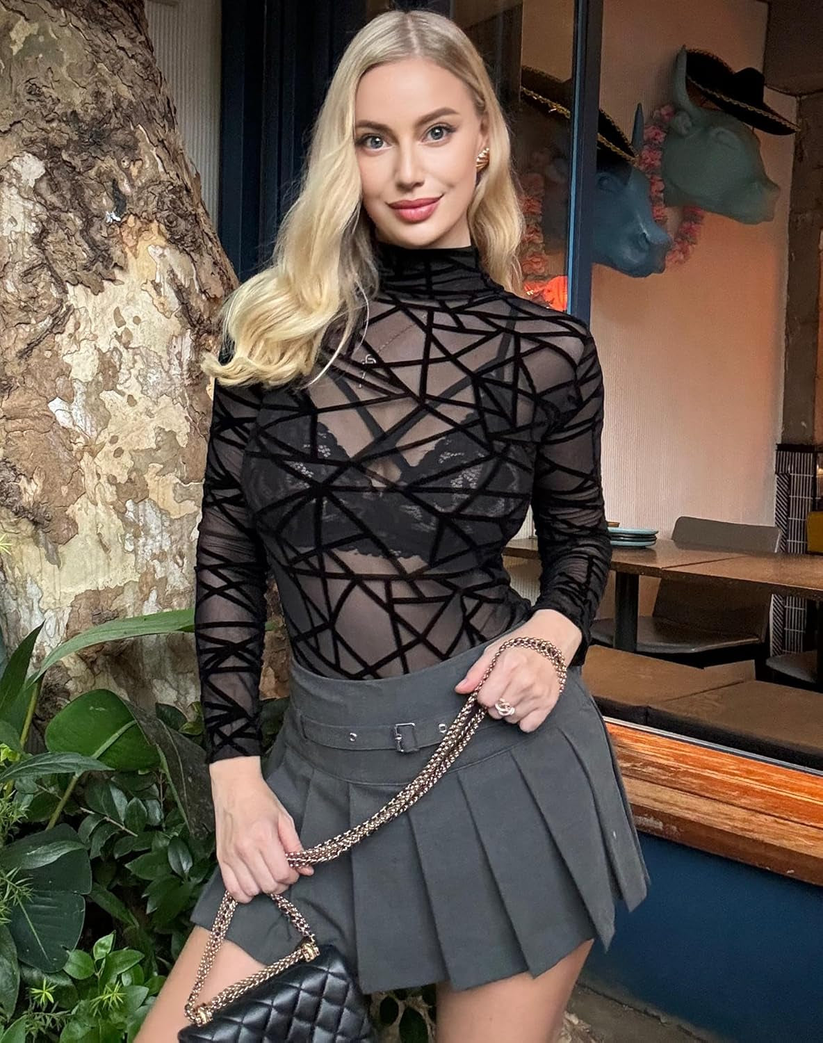 Aranmei Long Sleeve Bodysuit for Women Mesh Bodysuit Turtleneck Sheer Tops Geo Print Leotards S-XXL