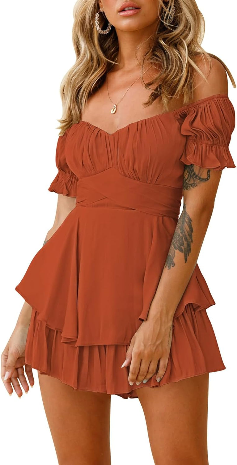 Fixmatti Women Boho Romper off Shoulder Ruffle Chiffon Shorts Jumpsuit Playsuits